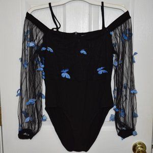 SHEIN EMERY ROSE 3D Butterfly Applique Lantern Sleeve Mesh Overlay Bodysuit SZ M